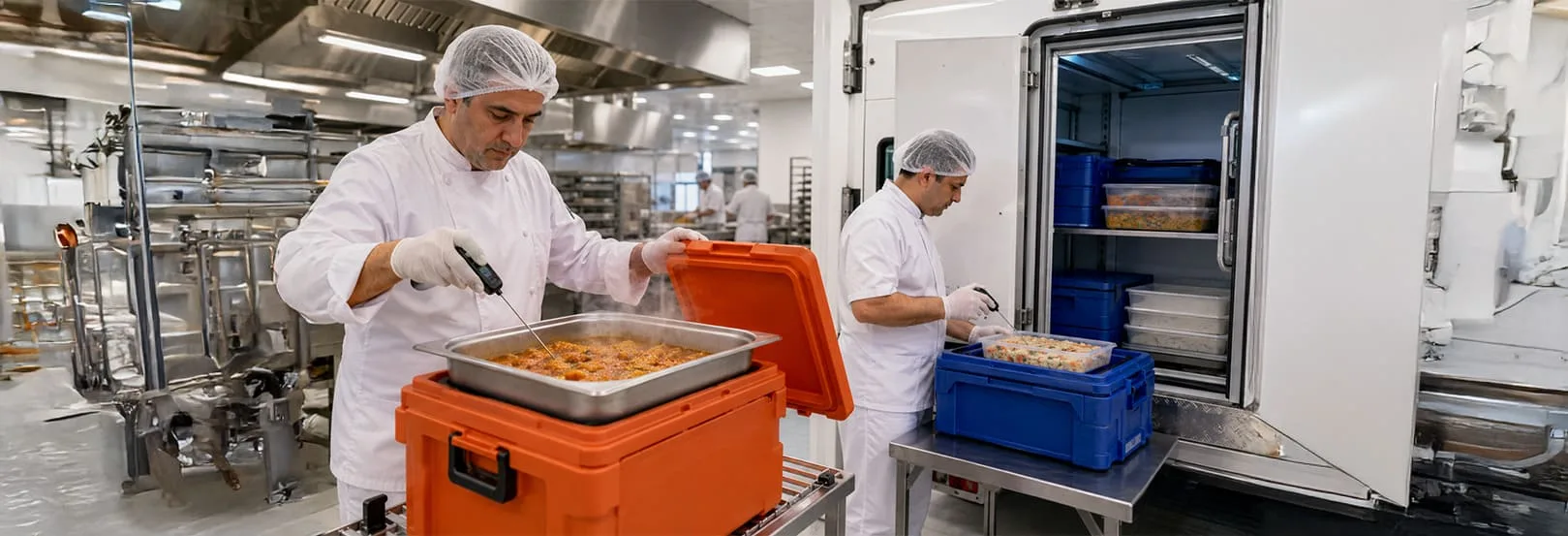 Catering mutfağında sıcak yemek kabı ile soğuk ürün kasasının termometrelerle kontrol edilmesi